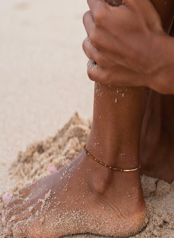 MYEARS Women Beaded Anklet Gold Gemstone Tiger's Eye 14K Simple Dainty Handmade Chain Everyday Boho Beach Jewelry - Image 2